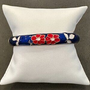 Bracelet Womens Blue Enamel Rose Gold Tone Hinged Bangle 7 Inch With Flowers